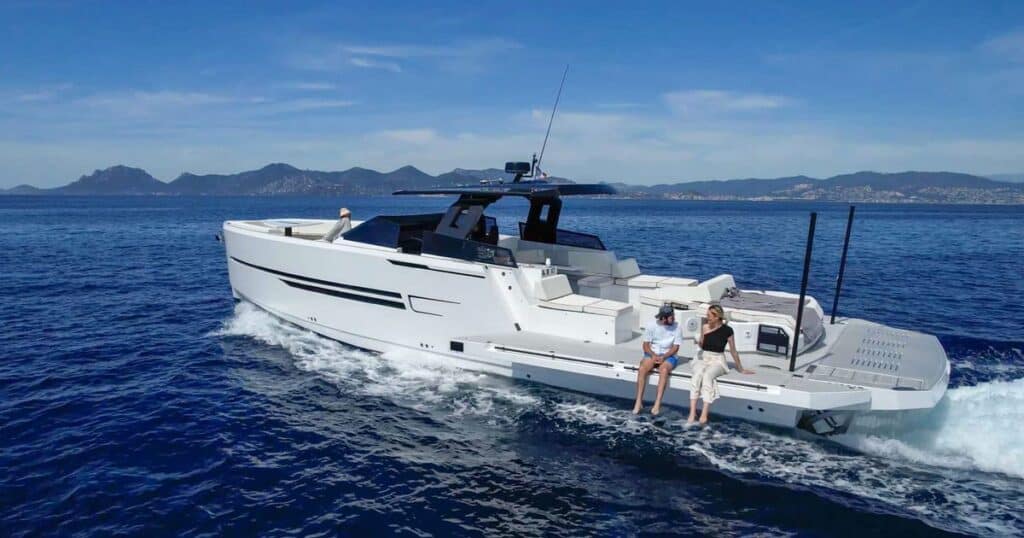 Okean 55 2021 for sale - exterior profile view with open side platforms